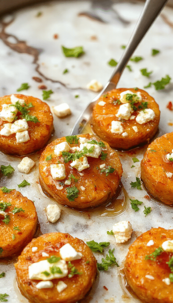 Colorful plate of roasted sweet potato rounds topped with crumbled feta cheese and drizzled with honey, arranged on a rustic white platter with fresh herbs, showcasing crispy edges and tender centers, styled with a sprinkle of herbs for visual appeal.