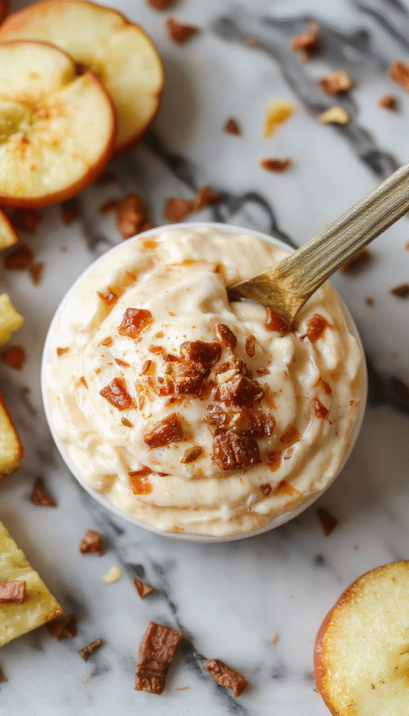 A close-up of a creamy apple toffee dip in a clear glass bowl, topped with chopped nuts and caramel drizzle, surrounded by apple slices and toffee bits on a rustic wooden table with warm lighting.