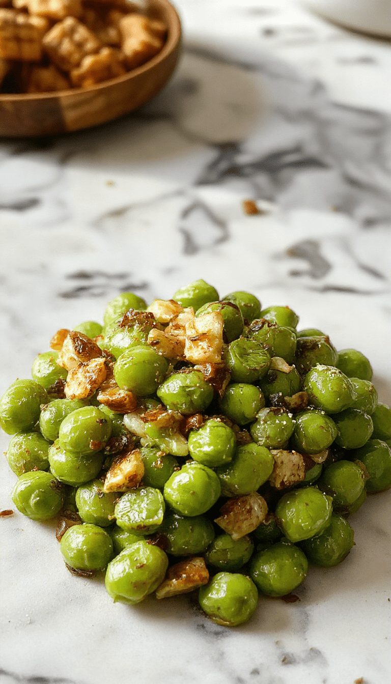 A vibrant plate of cooked green peas garnished with fresh herbs, served alongside a rustic wooden table decorated with fall leaves and Thanksgiving elements, textured peas glistening with butter and sprinkled with herbs.