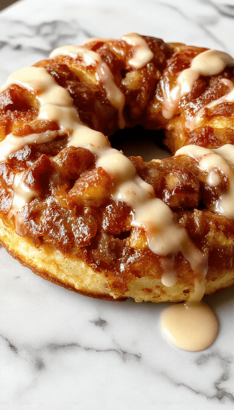 A beautifully plated apple kringle featuring golden-brown flaky pastry filled with caramelized apple slices, topped with a glossy vanilla glaze. The kringle is garnished with a sprinkle of cinnamon and served on a white plate with a rustic wooden background, showcasing its crispy, flaky texture and vibrant apple filling.