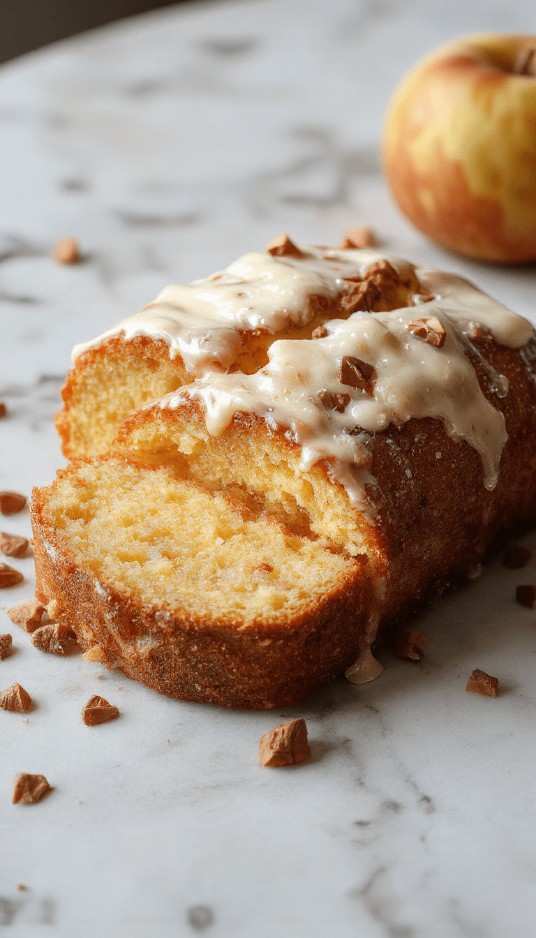 A golden-brown pound cake topped with caramelized apple slices and a drizzle of apple cider glaze, placed on a rustic wooden tray with cinnamon sticks and fresh apples in the background, styled for a cozy autumn presentation.