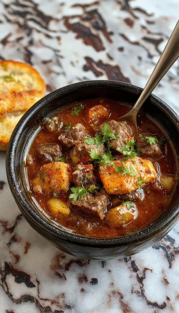 A steaming black cauldron-shaped bowl filled with rich, dark beef stew garnished with fresh herbs, surrounded by rustic bread and chopped vegetables, set on a black surface with smoky ambiance