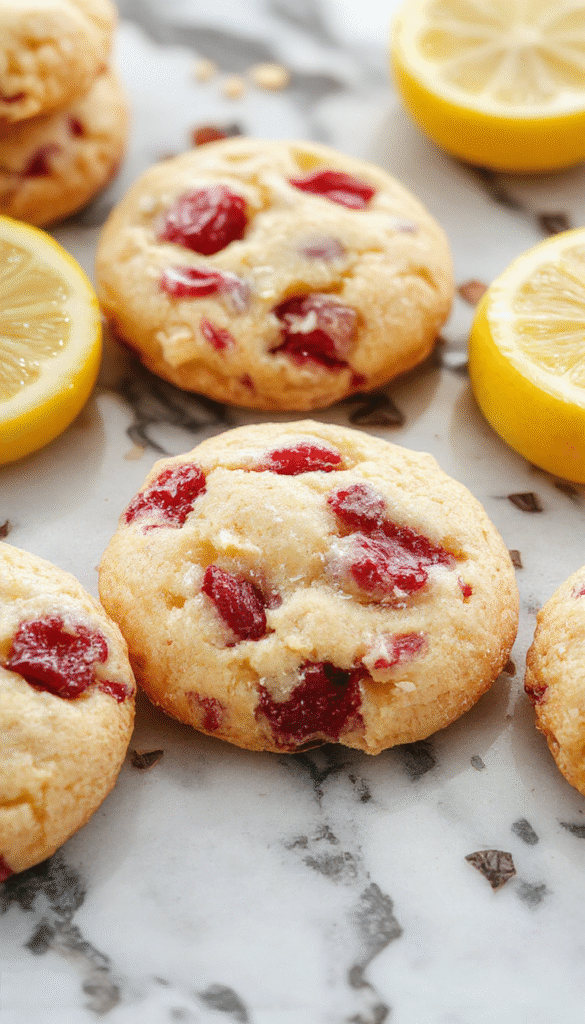 Colorful lemon raspberry cookies arranged on a white ceramic plate with fresh raspberries and lemon slices in the background, showcasing vibrant red and yellow hues, with a textured surface and glossy glaze.