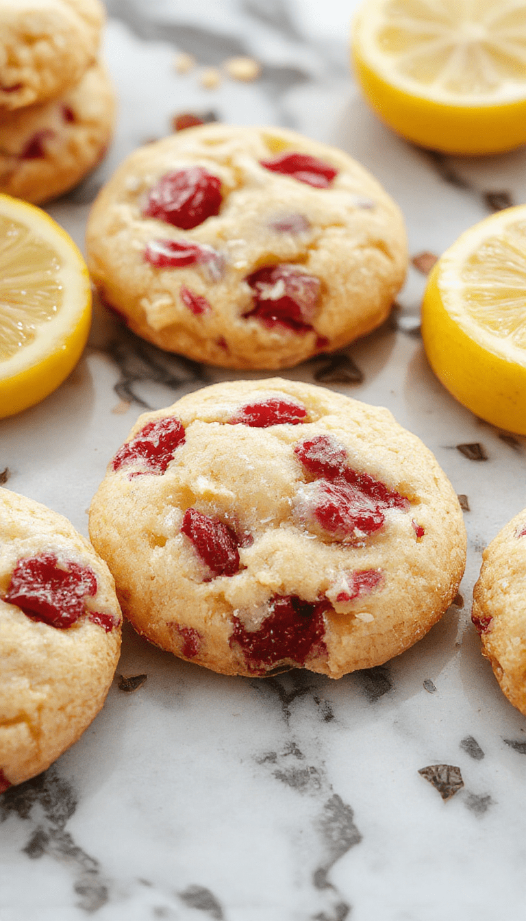 Colorful lemon raspberry cookies arranged on a white ceramic plate with fresh raspberries and lemon slices in the background, showcasing vibrant red and yellow hues, with a textured surface and glossy glaze.