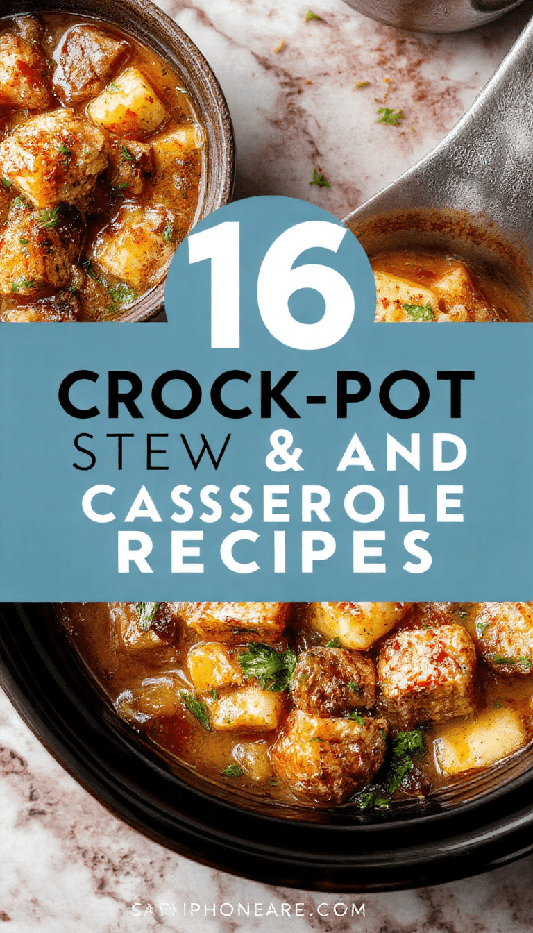 Colorful array of crockpot stews and casseroles served in rustic bowls, featuring tender meat, vibrant vegetables, and thick hearty broths, styled with fresh herbs on a wooden table