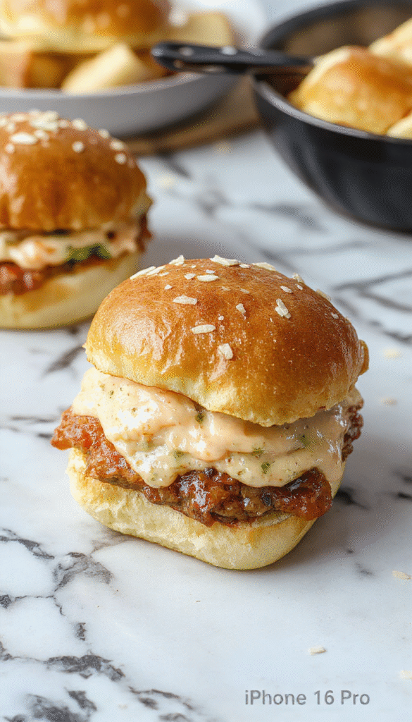 A vibrant platter of assorted slider sandwiches arranged on a wooden serving board. The sliders feature toasted buns filled with colorful ingredients like crispy lettuce, sliced tomatoes, various deli meats, cheese, and garnished with fresh herbs. The background shows a festive football-themed setting with a blurred football and party decor, capturing a lively game day atmosphere.
