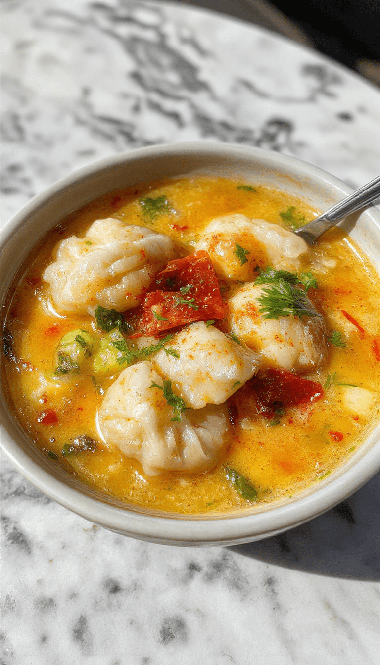 A vibrant bowl of Asian dumpling potsticker soup featuring golden pan-fried dumplings floating in a clear, aromatic broth, garnished with sliced green onions and shredded carrots, styled in a white bowl on a rustic wooden table with chopsticks beside.