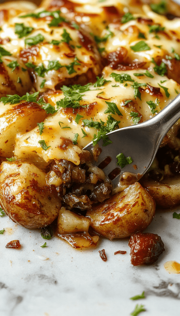 A vibrant close-up of a golden-brown cheesy French onion potato bake in a rustic baking dish. Steaming slices reveal tender potatoes layered with caramelized onions and melted cheese, topped with crispy golden edges and fresh herbs, styled on a wooden table.