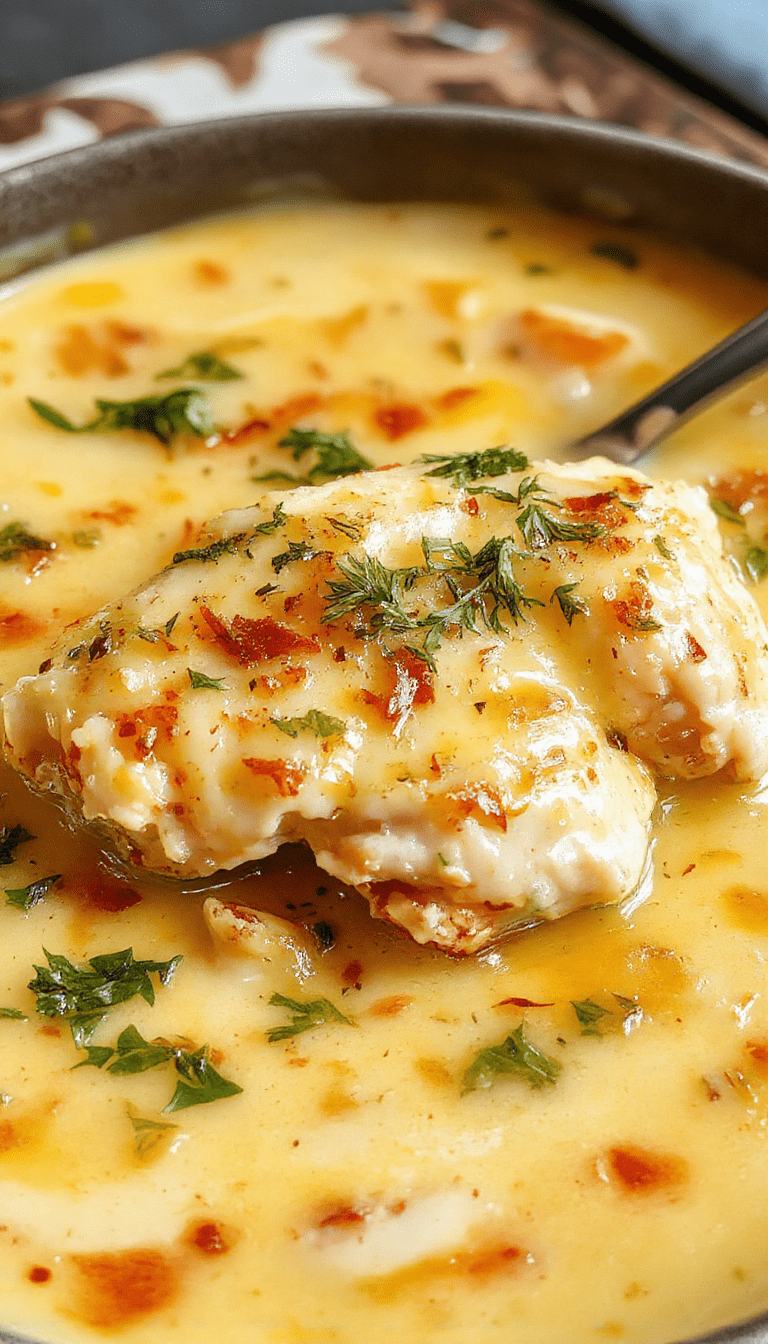 A bowl of chicken piccata soup garnished with fresh parsley and lemon slices, featuring tender chicken pieces in a golden, lemony broth with capers, served on a rustic wooden table.