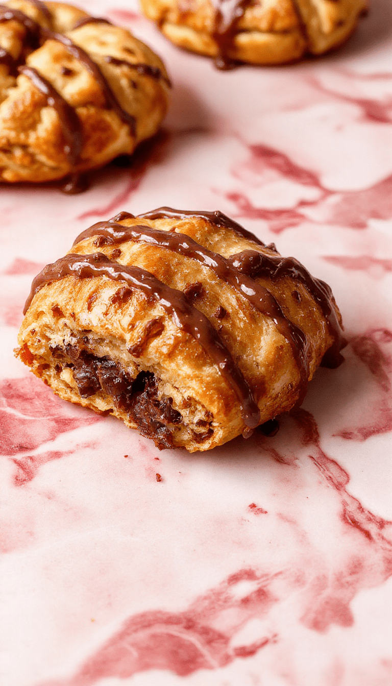 A close-up of a golden-brown chocolate croissant breakfast bake served in a white dish, topped with powdered sugar and fresh berries, with a flaky, crispy texture visible and melting chocolate chips throughout the dish, styled with a rustic wooden table background.