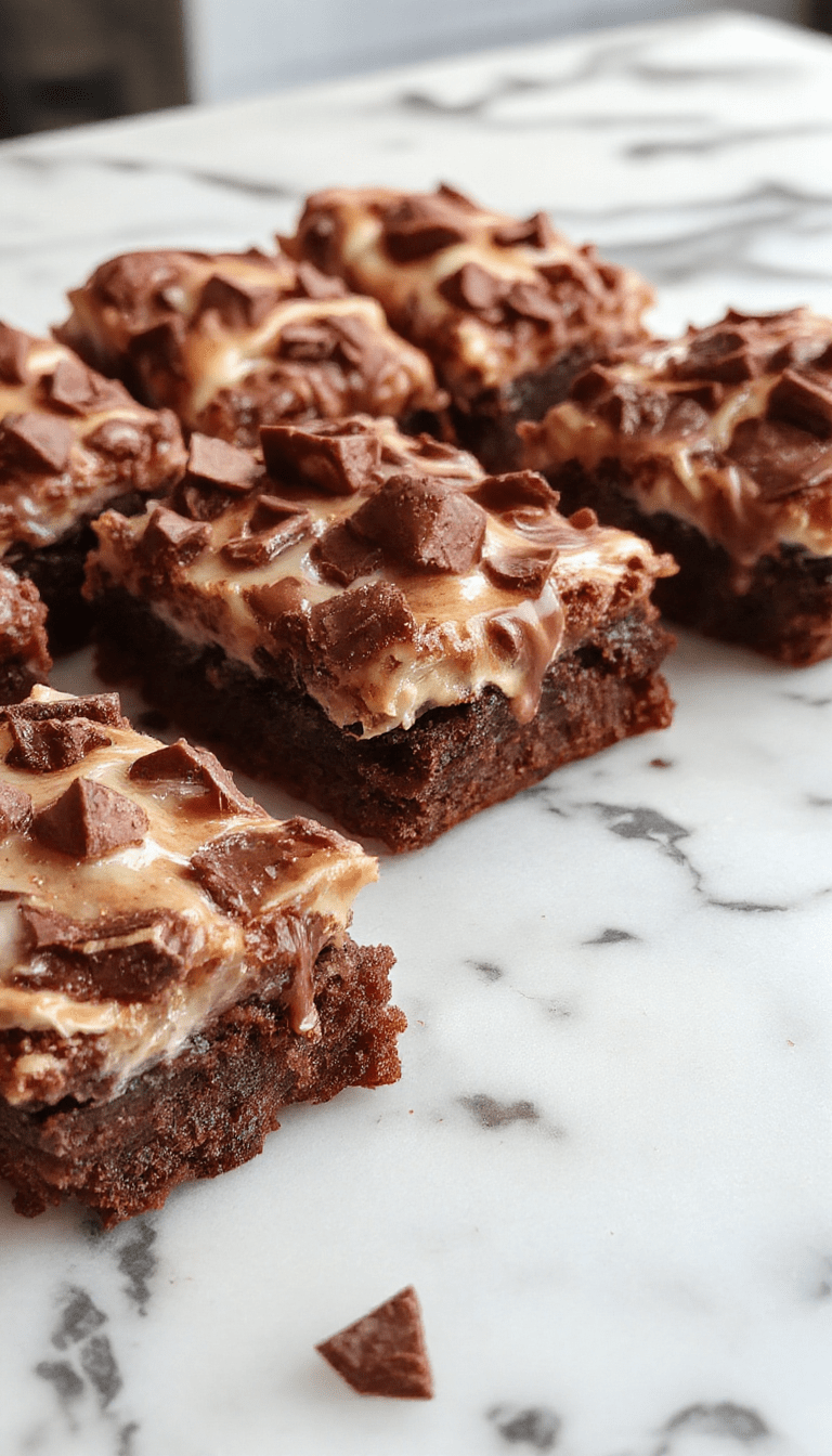 A close-up of rich chocolate mousse brownies layered with smooth creamy filling, topped with a dusting of cocoa powder, presented on a wooden platter with a slice cut revealing the moist interior.
