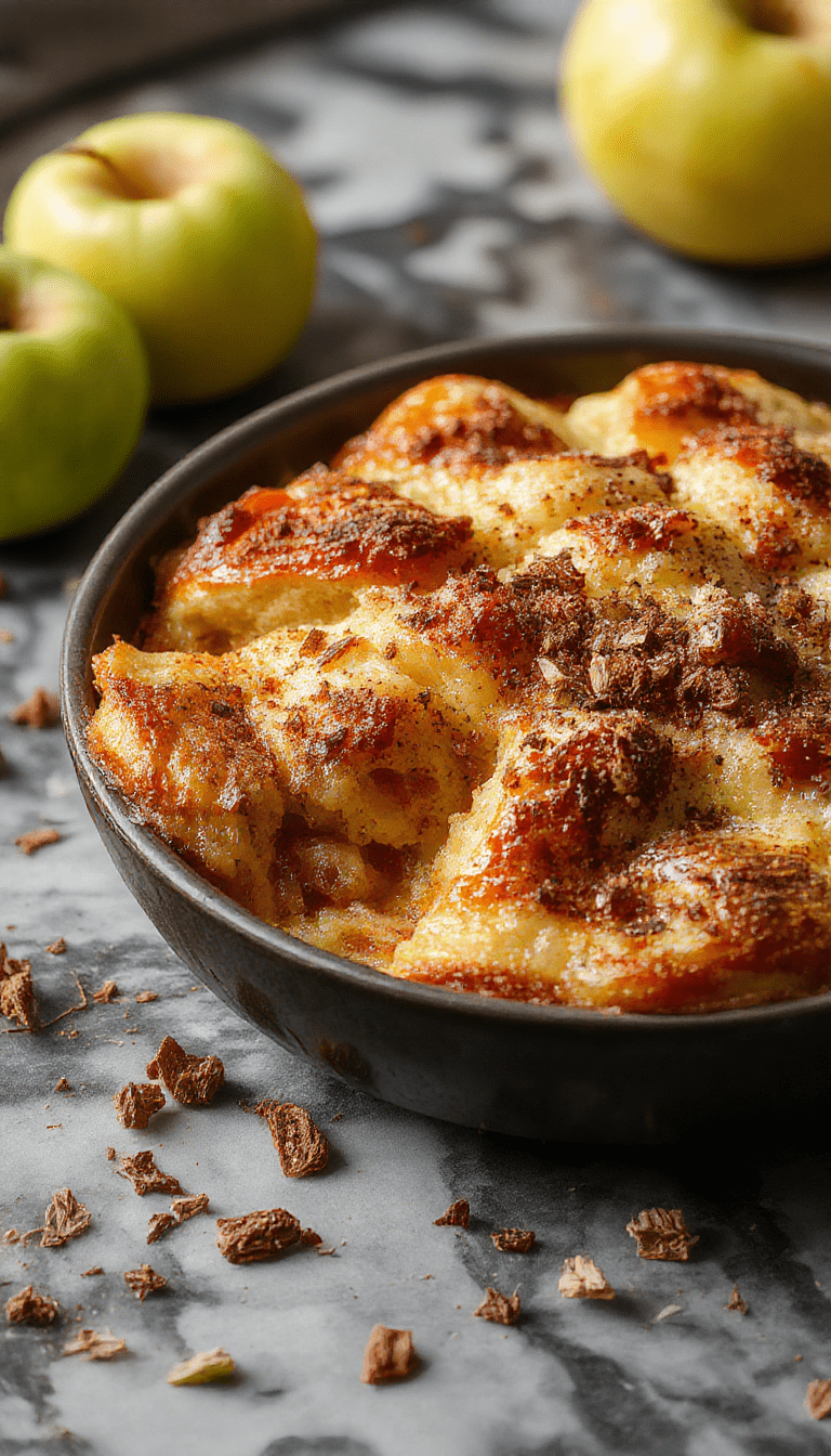 A vibrant plated cinnamon apple French toast bake topped with powdered sugar and fresh apple slices, garnished with a sprinkle of cinnamon, with a warm golden-brown crust and juicy apple pieces, styled with a rustic cloth and a cinnamon stick for a cozy breakfast scene.