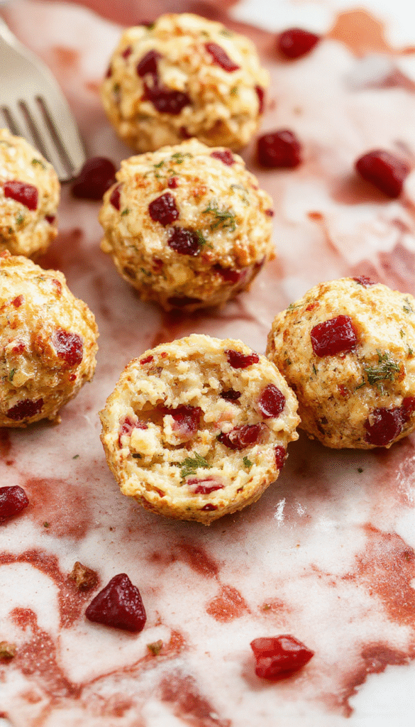 A close-up of golden-brown stuffing balls dotted with deep red cranberries, arranged on a white plate with fresh herbs and drizzled with a glaze, showcasing a crispy exterior and moist interior.