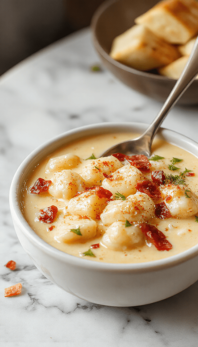 A steaming bowl of creamy bacon cheddar gnocchi soup garnished with shredded cheese and crispy bacon pieces, surrounded by fresh herbs on a rustic wooden table, with a spoon partially submerged showing the thick, cheesy texture.
