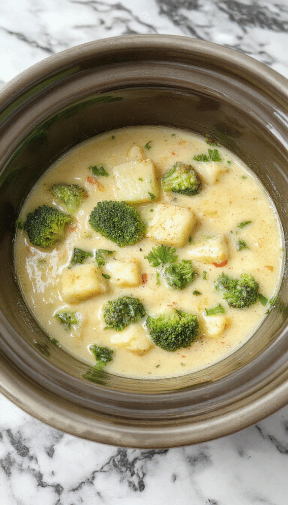 A warm, creamy broccoli and potato soup served in a rustic white bowl topped with shredded cheese and chopped green onions, surrounded by fresh broccoli and potatoes on a wooden table.