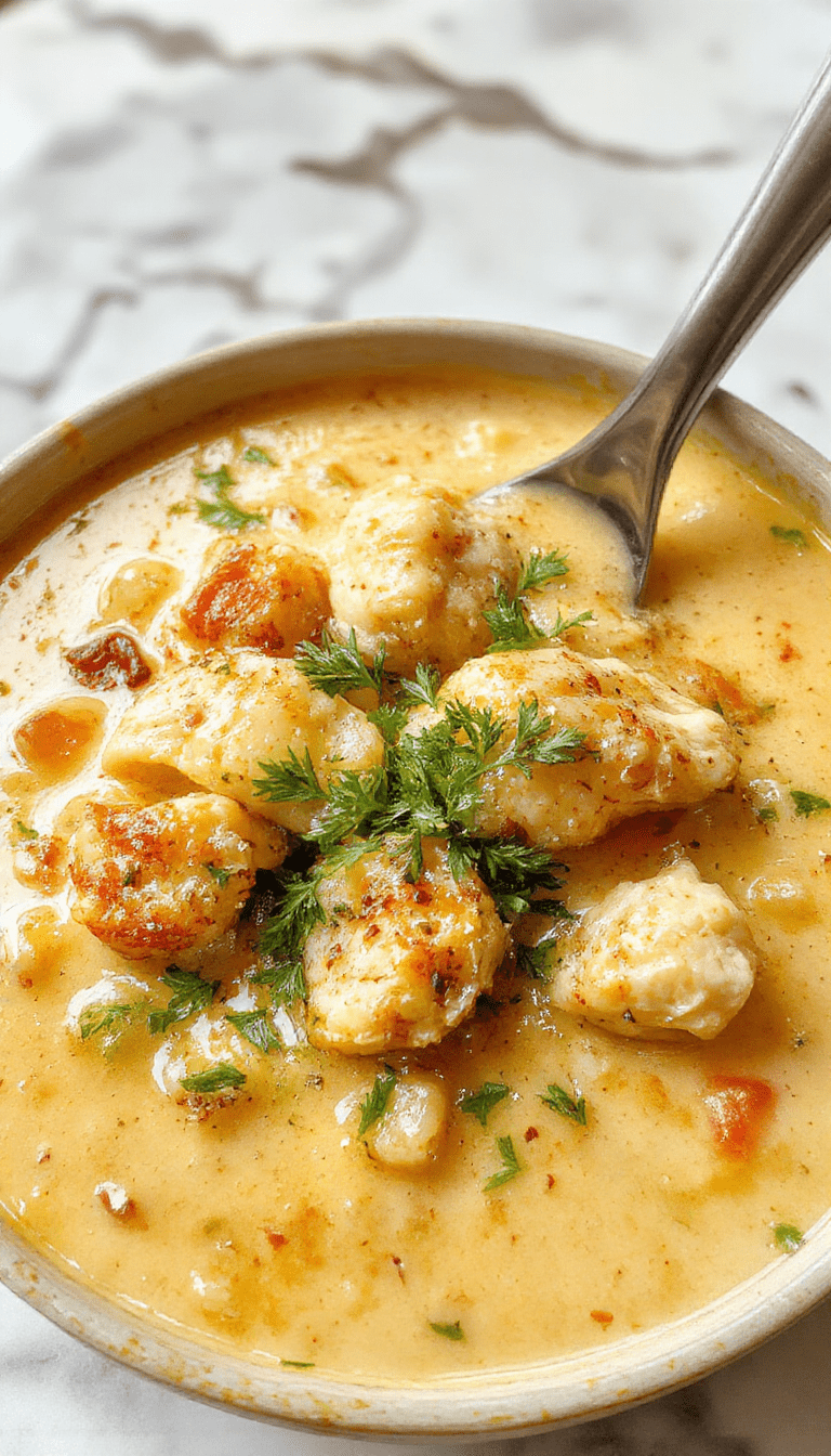 A vibrant bowl of creamy Cajun chicken soup garnished with fresh herbs, red bell peppers, and a swirl of cream. The soup has a rich, golden-brown broth with chunks of tender chicken, colorful vegetables, and sprinkled spices, presented on a rustic wooden table with a spoon and garnished with green onions.