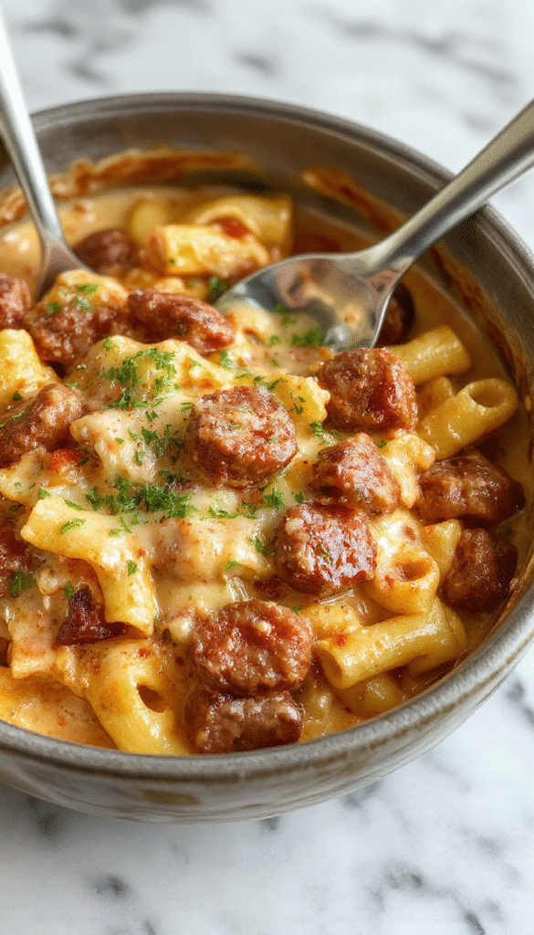 A vibrant dish of creamy Cajun sausage pasta served on a rustic white plate, topped with chopped green onions and slices of sausage. The pasta is coated in a rich, spicy creamy sauce, with visible chunks of sausage and colorful peppers. The background features a wooden table with fresh herbs and a fork twirling pasta, emphasizing a hearty, flavorful meal.