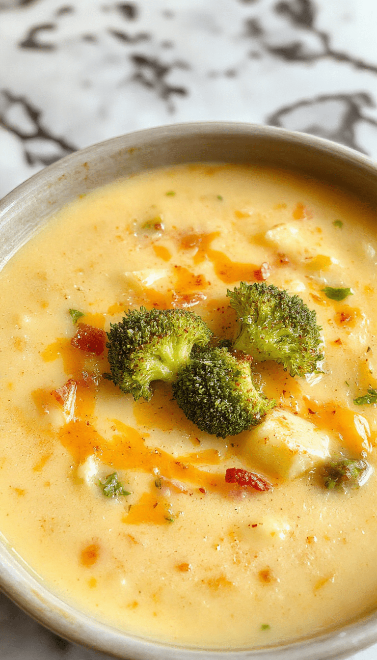 A bowl of creamy cheddar broccoli and potato soup garnished with shredded cheese and fresh herbs, served in a rustic white bowl with a side of crusty bread, vibrant green broccoli florets contrasted against the rich yellow-orange soup, showcasing a smooth, velvety texture and inviting presentation.