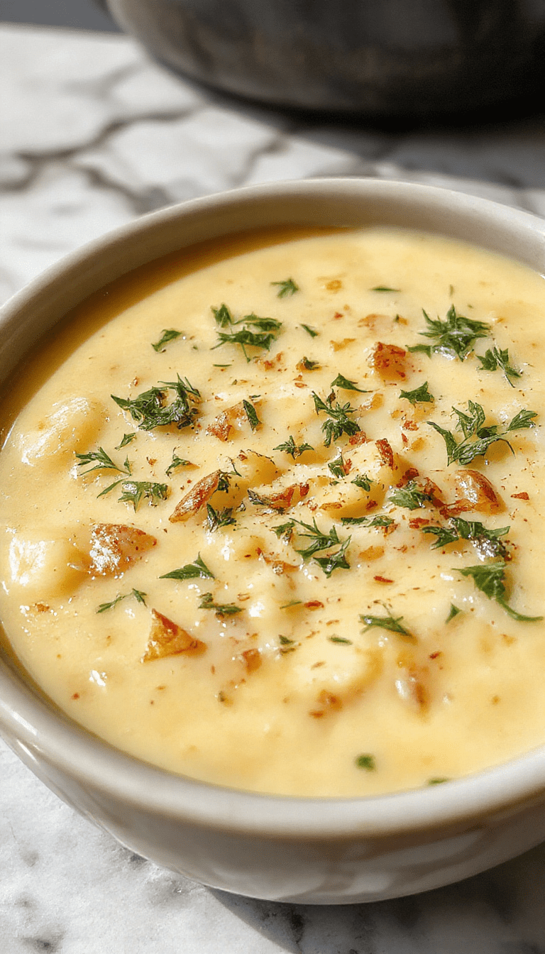 A vibrant bowl of creamy potato soup topped with melted cheddar cheese, chopped herbs, and a drizzle of garlic oil. The soup is served in a rustic white bowl on a wooden table, with fresh herbs and crusty bread in the background. The textures are smooth and inviting, with the golden cheese contrasting against the green herbs and the creamy beige soup.