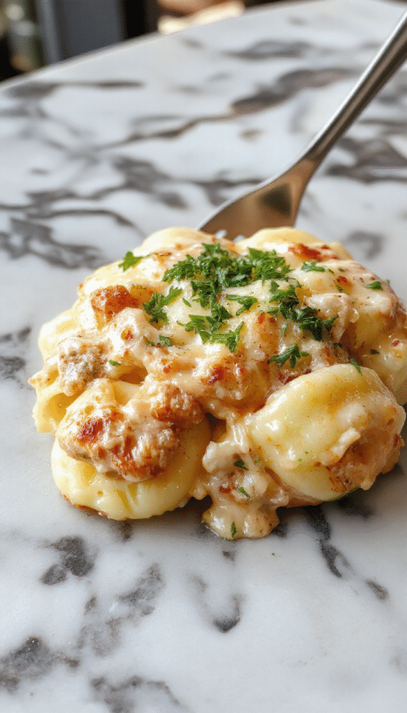A close-up of a white plate featuring creamy tortellini pasta topped with tender pieces of chicken, melted cheese and fresh herbs, with a colorful background and a rustic wooden table surface.