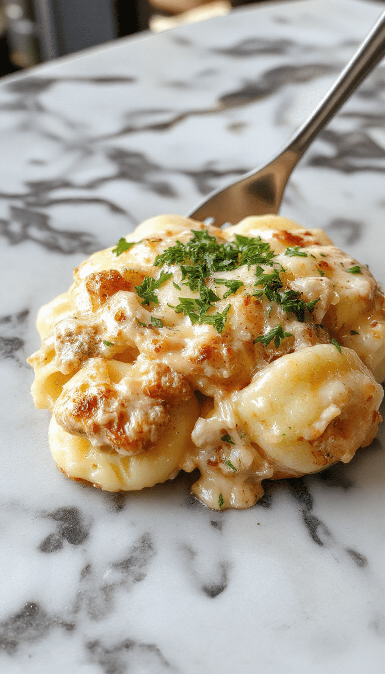 A close-up of a white plate featuring creamy tortellini pasta topped with tender pieces of chicken, melted cheese and fresh herbs, with a colorful background and a rustic wooden table surface.