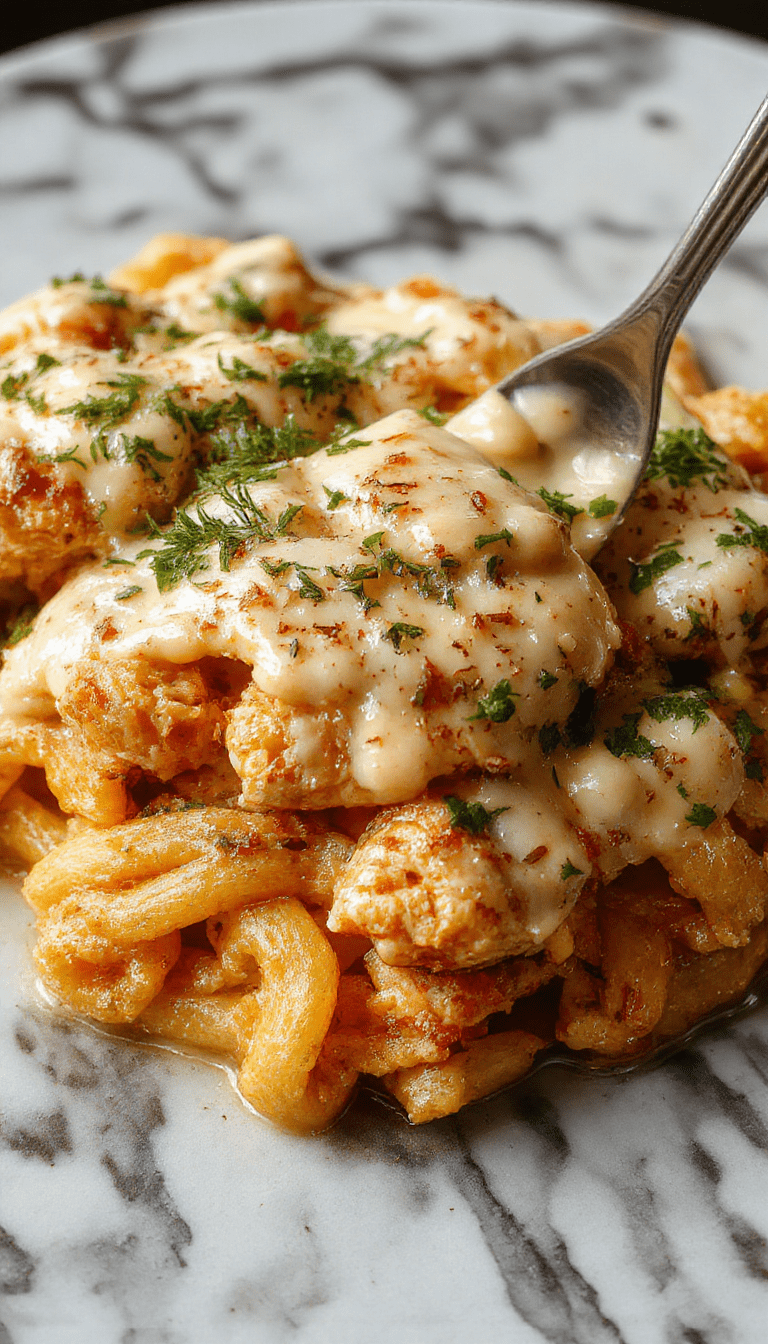 A close-up of a creamy chicken Alfredo dish presented on a white plate. The pasta is coated in a rich, velvety white sauce with tender pieces of sliced chicken on top. Garnished with freshly chopped parsley and grated Parmesan cheese, the dish looks flavorful and inviting. The background features a rustic wooden table and a side of garlic bread, styled for a cozy, home-cooked meal.