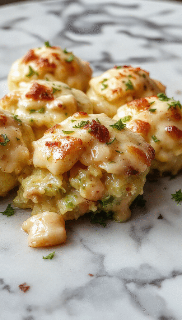 A golden, bubbling chicken pot pie casserole topped with a flaky crust, garnished with chopped parsley, served in a white ceramic dish showcasing tender chicken, peas, carrots, and creamy sauce.