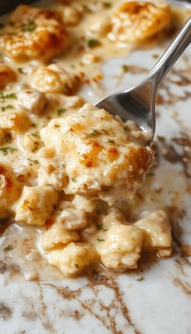 A close-up of a vibrant white bowl filled with creamy chicken pot pie pasta, topped with golden crispy pastry crumbles, garnished with fresh herbs. The dish showcases tender chunks of chicken, soft pasta, and vegetables in a rich sauce, beautifully styled on a rustic wooden table with a spoon resting nearby.
