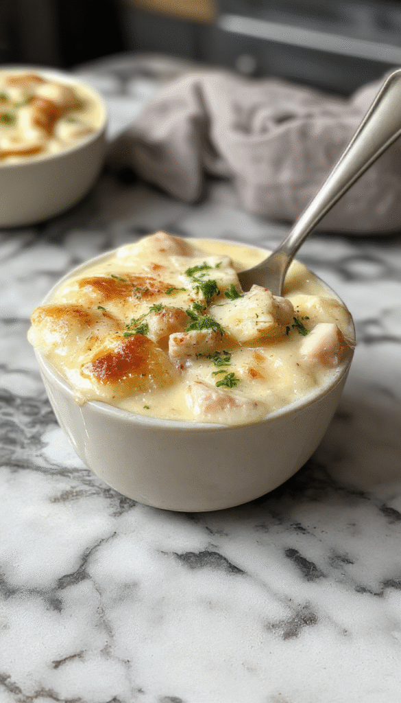 A bowl of creamy chicken pot pie soup garnished with fresh herbs, served with a flaky crust crumble on top, surrounded by rustic wooden background showcasing cooked ingredients and colorful vegetables, with a spoon resting on the side.