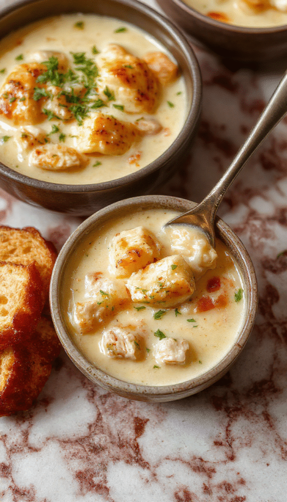 A warm bowl of creamy chicken pot pie soup topped with golden flaky pastry crumbles and fresh herbs, served steaming in a rustic white bowl with a spoon, surrounded by chopped vegetables and a soft cloth napkin, vibrant colors of the rich broth and crispy topping contrast with the neutral background.