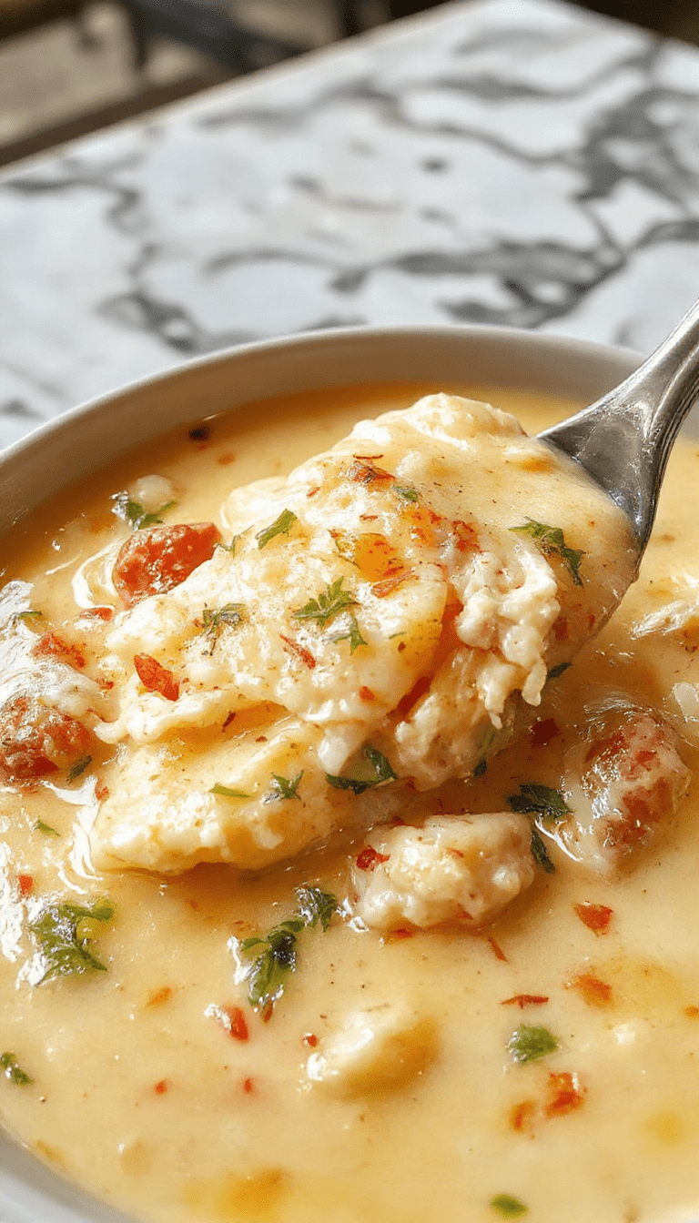 A steaming bowl of rich and creamy marry me chicken soup featuring tender shredded chicken in a velvety white broth, garnished with fresh herbs and a sprinkle of pepper. The bowl sits on a rustic wooden table with a spoon resting beside it, highlighting the luscious texture and appetizing presentation with a cozy ambiance.