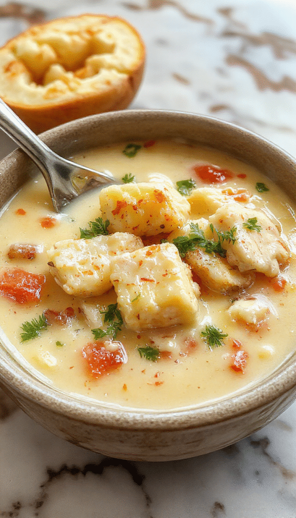 A steaming bowl of creamy chicken and rice soup garnished with fresh herbs, showcasing tender shredded chicken, fluffy rice, and a rich, velvety broth with a sprinkling of black pepper and herbs, styled in a rustic bowl on a wooden table.