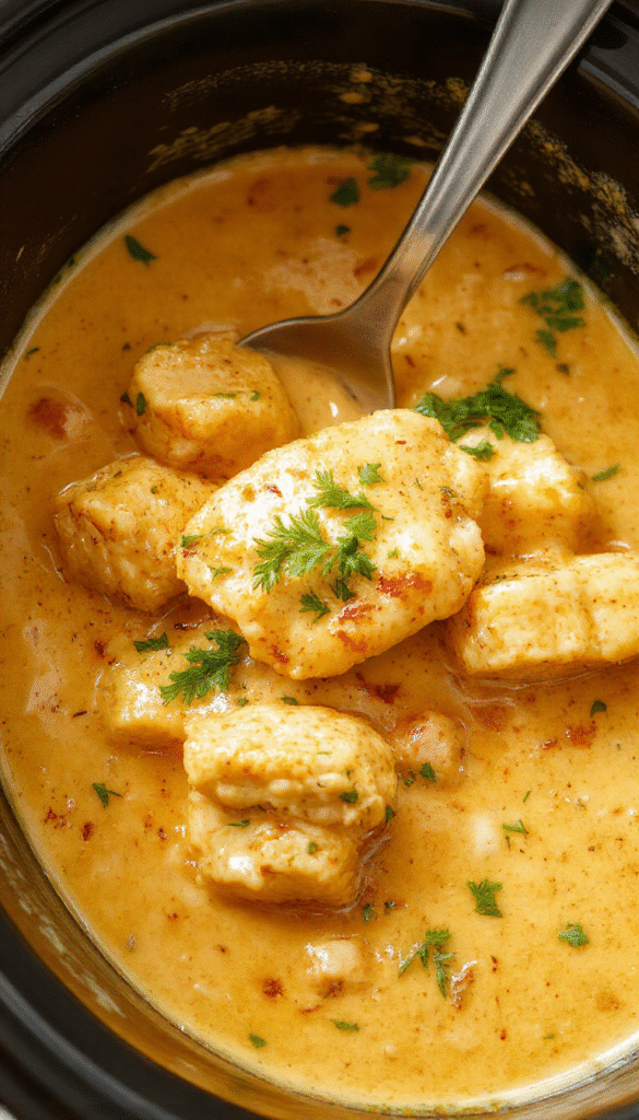 A vibrant bowl of chicken tikka masala featuring golden-brown chicken pieces coated in a rich, creamy coconut curry sauce, garnished with fresh cilantro, served alongside steamed rice on a rustic wooden table.