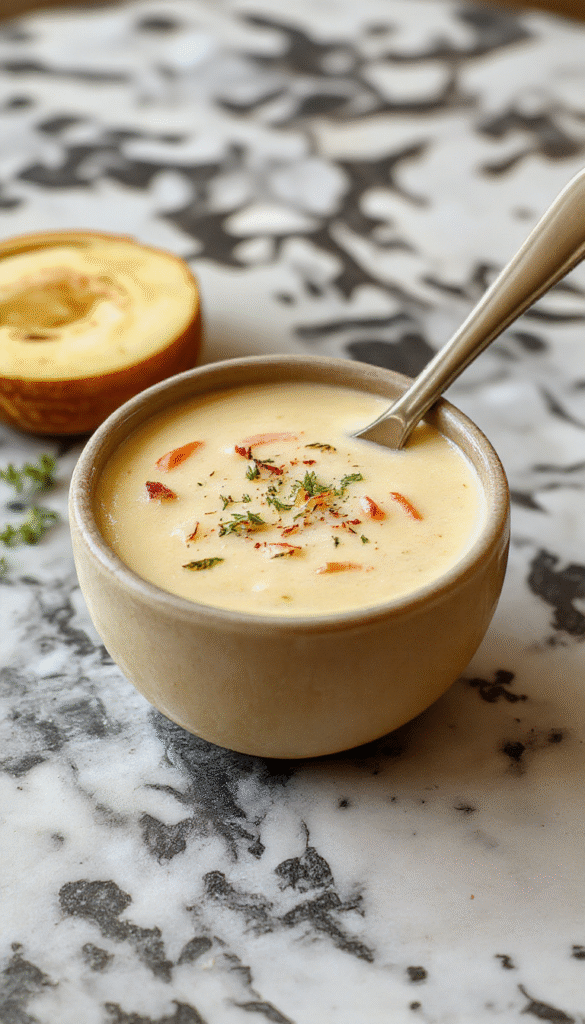 A bowl of creamy cowboy soup garnished with chopped green herbs, showcasing chunks of tender beef, beans, and corn in a rich, velvety broth. The vibrant colors contrast with a rustic wooden table and a slice of crusty bread on the side, inviting comfort and warmth.