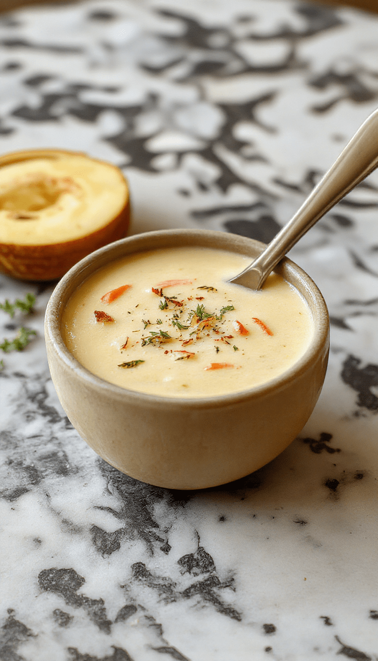 A bowl of creamy cowboy soup garnished with chopped green herbs, showcasing chunks of tender beef, beans, and corn in a rich, velvety broth. The vibrant colors contrast with a rustic wooden table and a slice of crusty bread on the side, inviting comfort and warmth.
