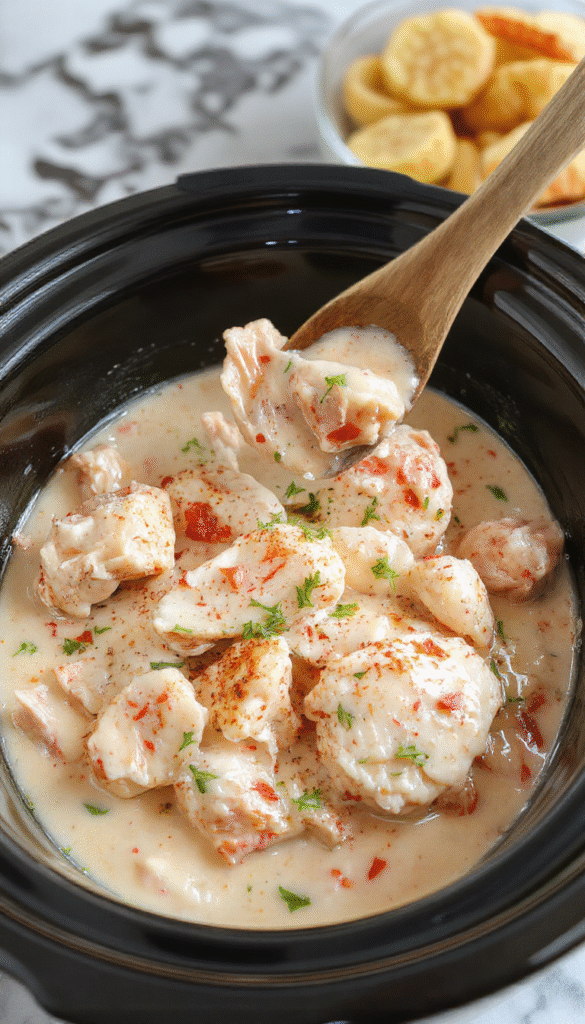 A delicious bowl of creamy crock pot marry me chicken garnished with fresh herbs, served alongside steamed vegetables on a rustic wooden table, with a glossy sauce and tender chicken pieces visible, styled in a cozy kitchen setting.