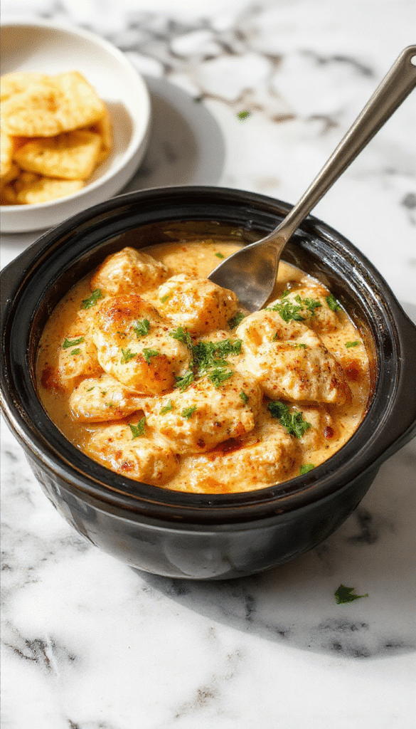 A close-up of a beautifully plated creamy butter chicken dish in a white bowl, garnished with fresh cilantro, with a rich, golden sauce and tender chicken pieces, styled on a rustic wooden table with spices in the background.
