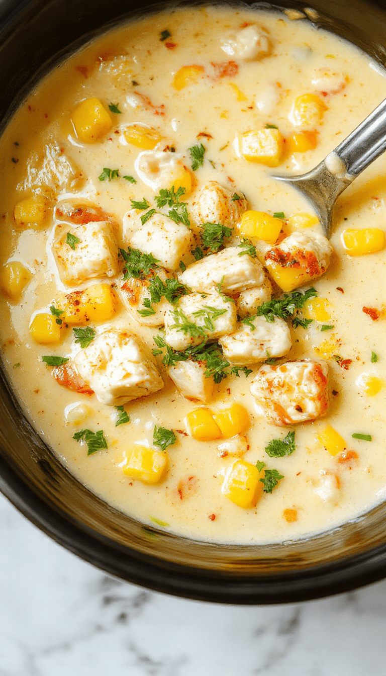 A steaming bowl of creamy chicken corn chowder garnished with chopped herbs, served in a rustic white bowl on a wooden table, with pieces of tender chicken, sweet corn kernels, and a rich, velvety broth visible, complemented by a spoon placed beside the bowl and fresh herbs sprinkled on top, all styled for a cozy, inviting presentation.