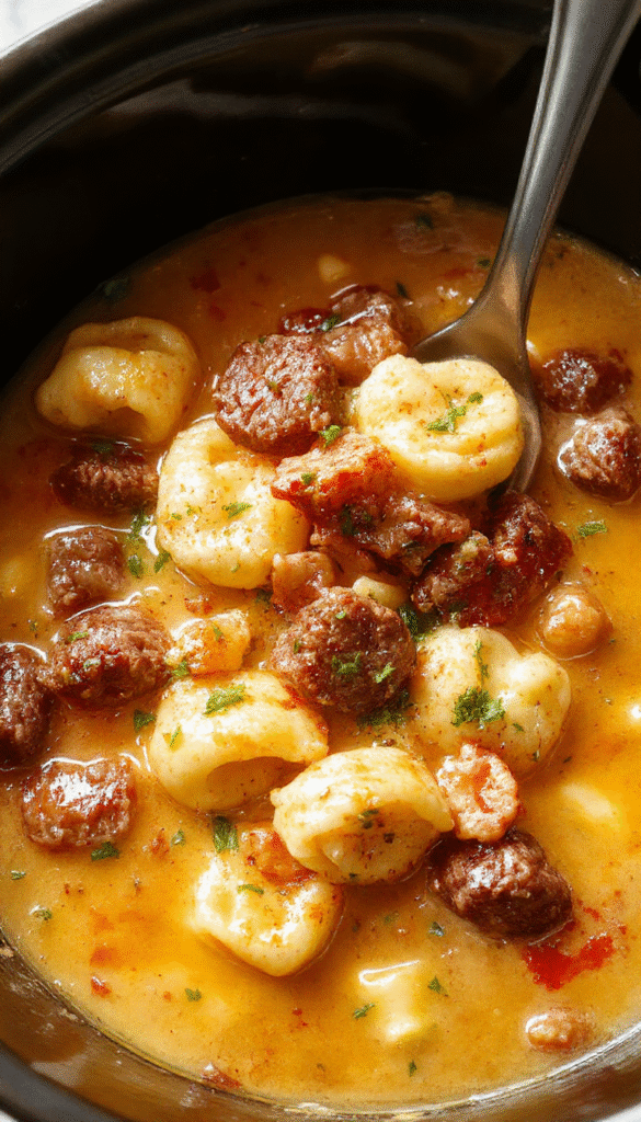 Colorful bowl of creamy tortellini soup with sausage slices, fresh herbs, and melted cheese sauce, garnished with parsley, served steaming hot on a rustic table.