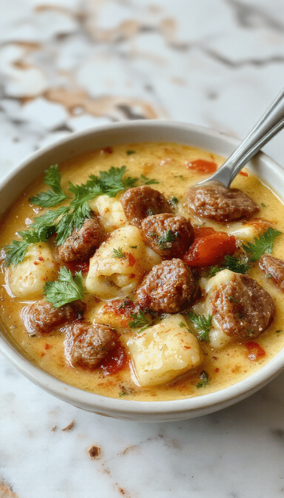 A steaming bowl of creamy Italian sausage gnocchi soup featuring golden-brown sausage slices, soft tender gnocchi, spinach leaves, and a rich, velvety broth in a rustic white bowl on a wooden table with fresh herbs sprinkled on top, with a spoon resting beside it.