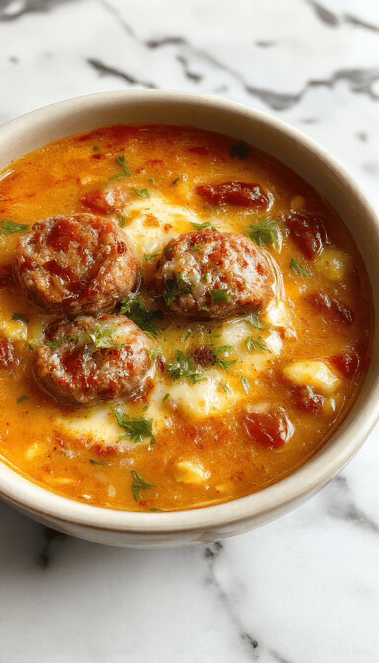 A steaming bowl of creamy Italian sausage soup topped with grated Parmesan cheese and chopped herbs, surrounded by slices of crusty bread, with a rustic wooden background showcasing the rich textures and vibrant colors of the ingredients.