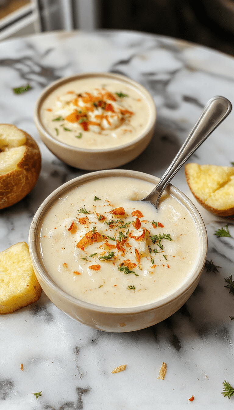 A steaming bowl of creamy loaded baked potato soup topped with shredded cheese, crispy bacon bits, chopped green onions, and a dollop of sour cream, served in a rustic white bowl with a background of golden baked potatoes and fresh herbs.
