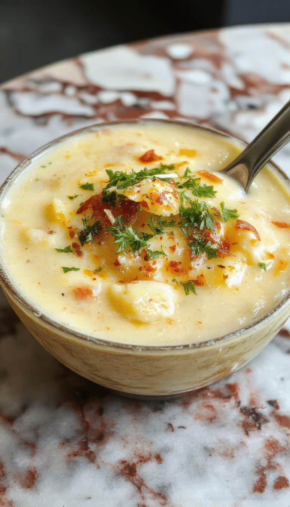A vibrant bowl of creamy loaded Outback potato soup topped with shredded cheese, green onions, crispy bacon bits, and a dollop of sour cream, served on a rustic wooden table with a spoon, showcasing the rich textures and colorful garnishes.