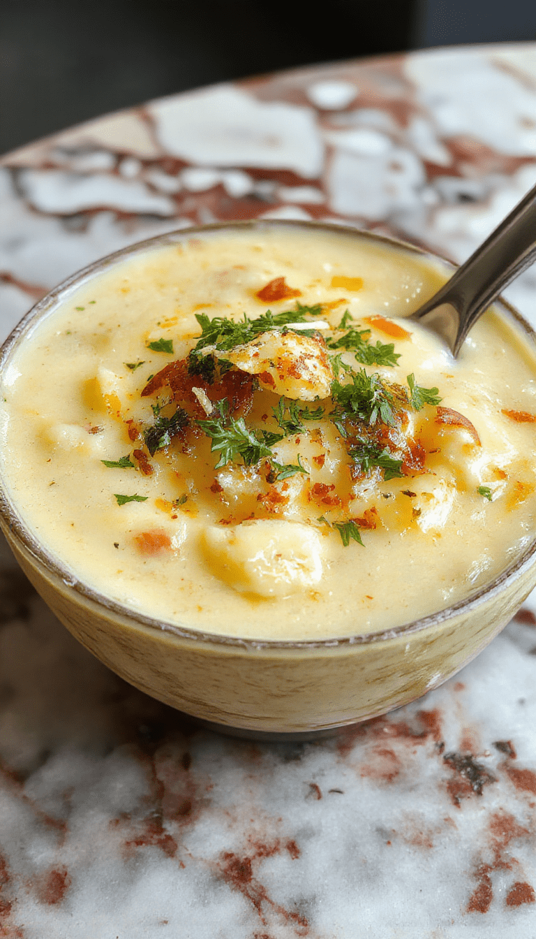 A vibrant bowl of creamy loaded Outback potato soup topped with shredded cheese, green onions, crispy bacon bits, and a dollop of sour cream, served on a rustic wooden table with a spoon, showcasing the rich textures and colorful garnishes.