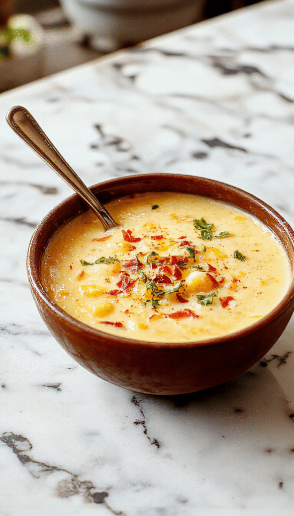 A vibrant bowl of creamy Mexican street corn soup garnished with chopped cilantro and crumbled cheese, served in a rustic white bowl on a wooden table with fresh corn on the cob and lime wedges in the background, showcasing rich yellow and green colors with a textured surface.