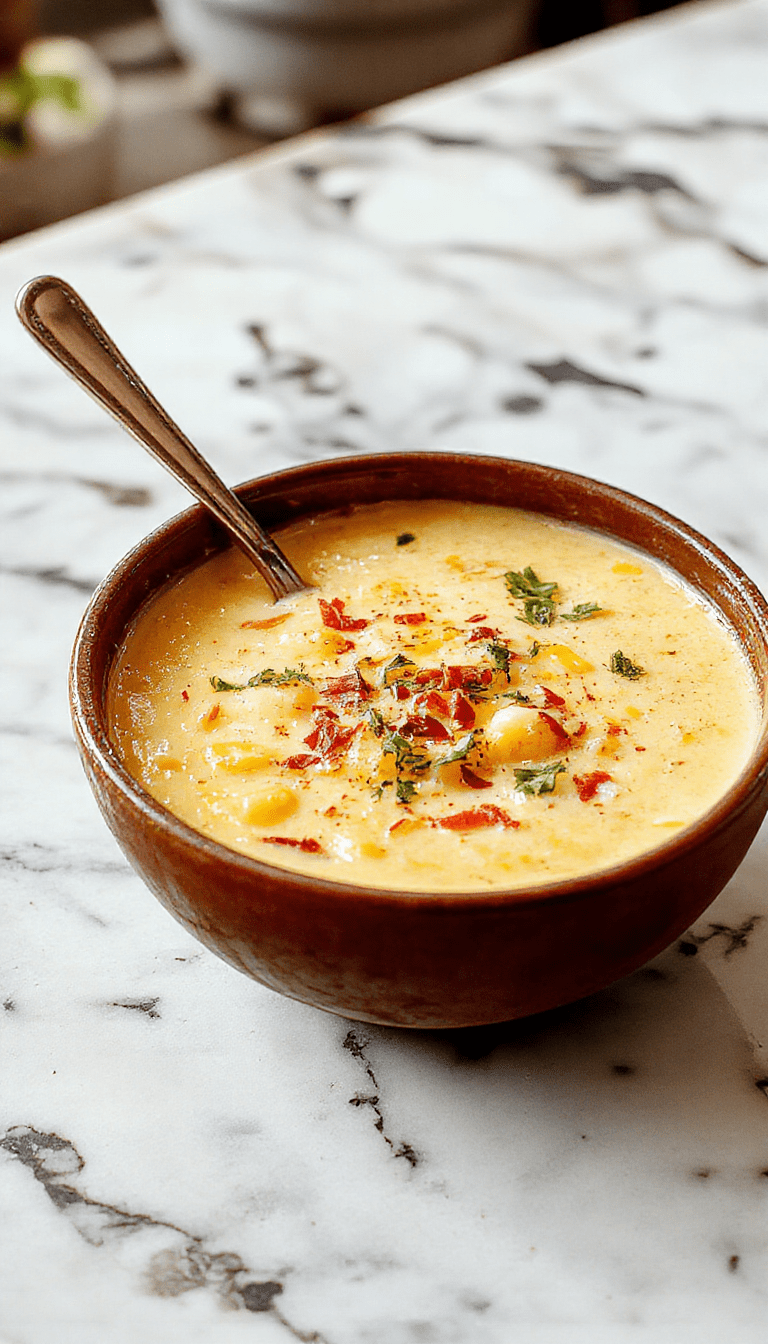 A vibrant bowl of creamy Mexican street corn soup garnished with chopped cilantro and crumbled cheese, served in a rustic white bowl on a wooden table with fresh corn on the cob and lime wedges in the background, showcasing rich yellow and green colors with a textured surface.