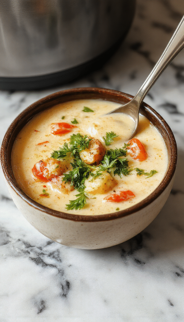 A vibrant bowl of creamy vegetable soup with a smooth texture, colorful chunks of carrots, celery, and green beans, garnished with fresh herbs on a rustic wooden table.