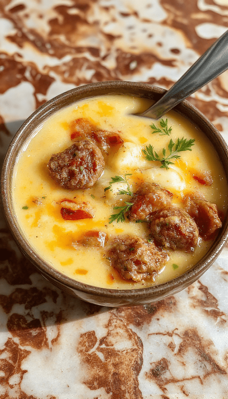 A bowl of creamy Italian sausage soup topped with shredded cheese and fresh herbs, showcasing slices of sausage, vegetables, and pasta in a rich broth.
