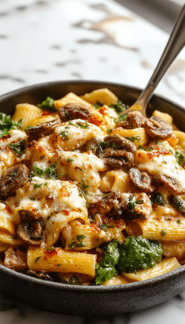 A vibrant skillet filled with creamy parmesan spinach and sautéed mushrooms topped with freshly grated cheese. The dish showcases tender pasta intertwined with bright green spinach and golden-brown mushrooms, garnished with herbs on a rustic wooden table.