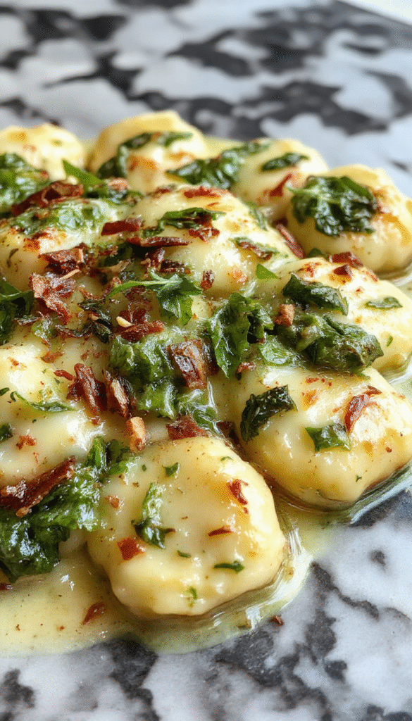 A vibrant dish featuring golden baked gnocchi coated in a rich green pesto sauce, topped with fresh spinach leaves and melted cheesy crust, served in a rustic white bowl with basil garnish.